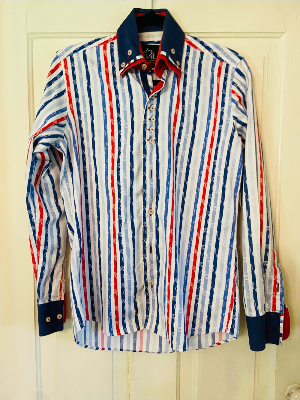 A J Pratt Mens Striped Button-Up Shirt - Blue/White/Red M 39/40